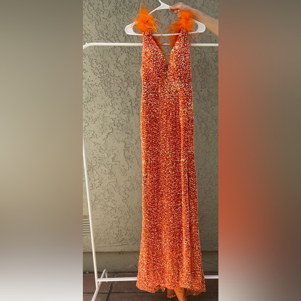 Women Orange Sequin Prom Dress - Feather Detail Mermaid Formal Evening Gown